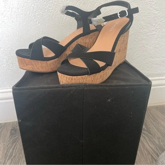 Top Moda Sandals Womens 7.5 Ankle Straps Black Suede Wedge Cork Heels - Picture 2 of 6